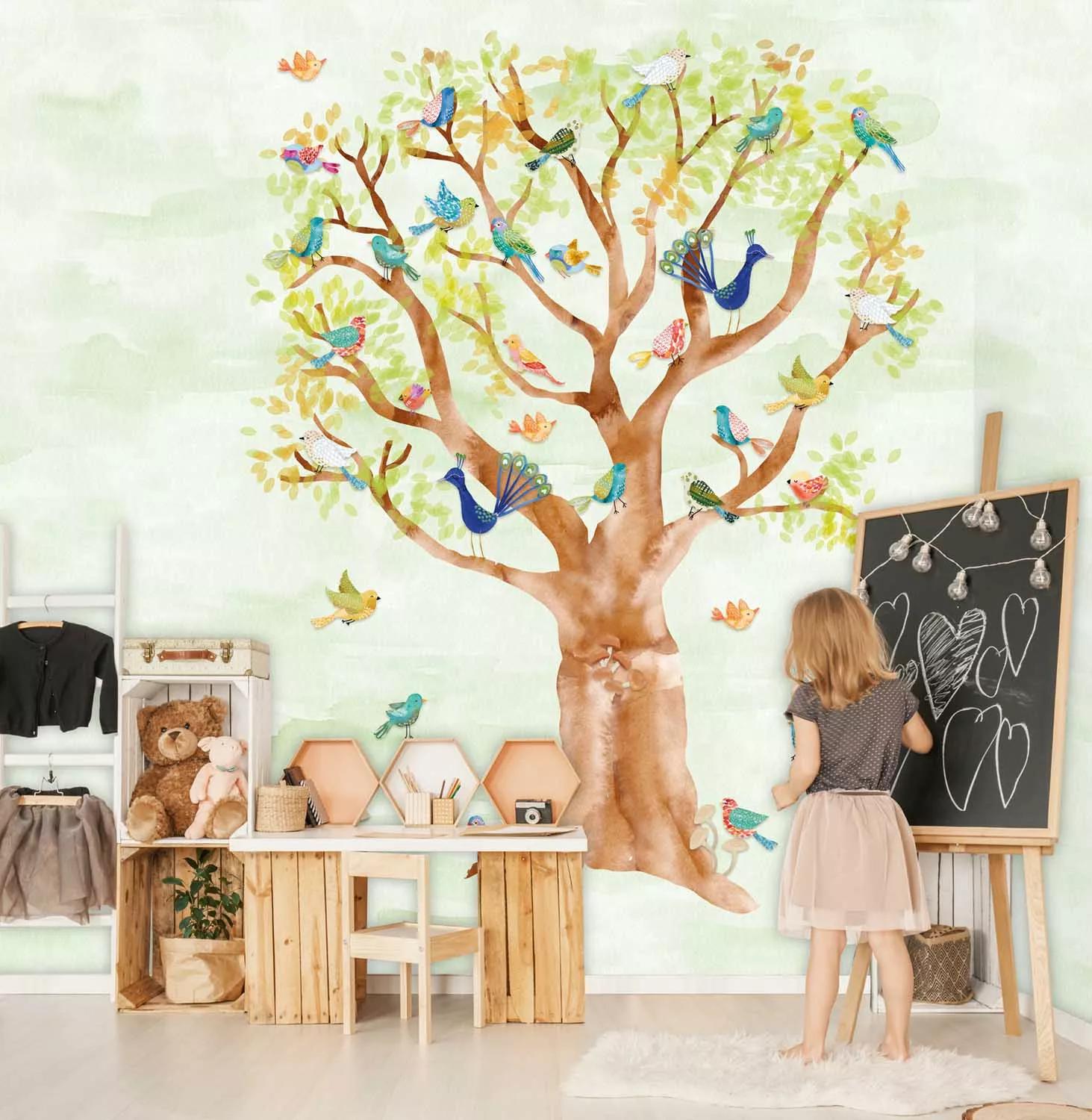 Fali poszter gyerekszobába akvarell hatású fa és madár mintával