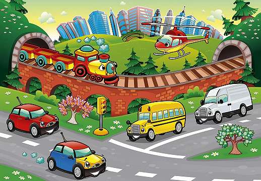 Fali poszter gyerekszobába színes kedves városi járművekkel 368x254 vlies