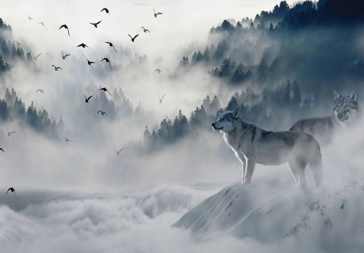 Fali poszter hegyvidéki tájkép és farkas mintával 368x254 vlies