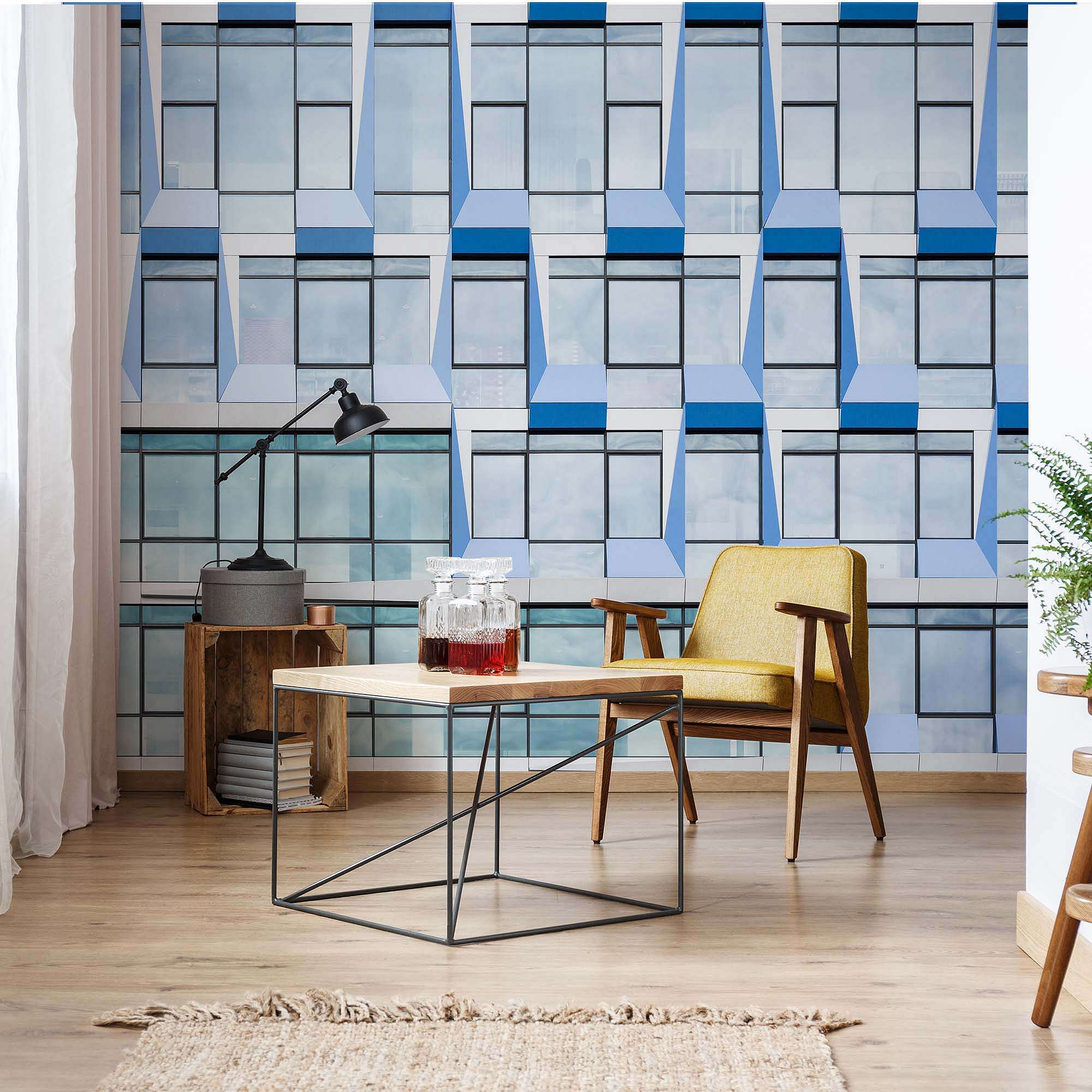 Fali poszter kék ablakokkal minimalista stílusban