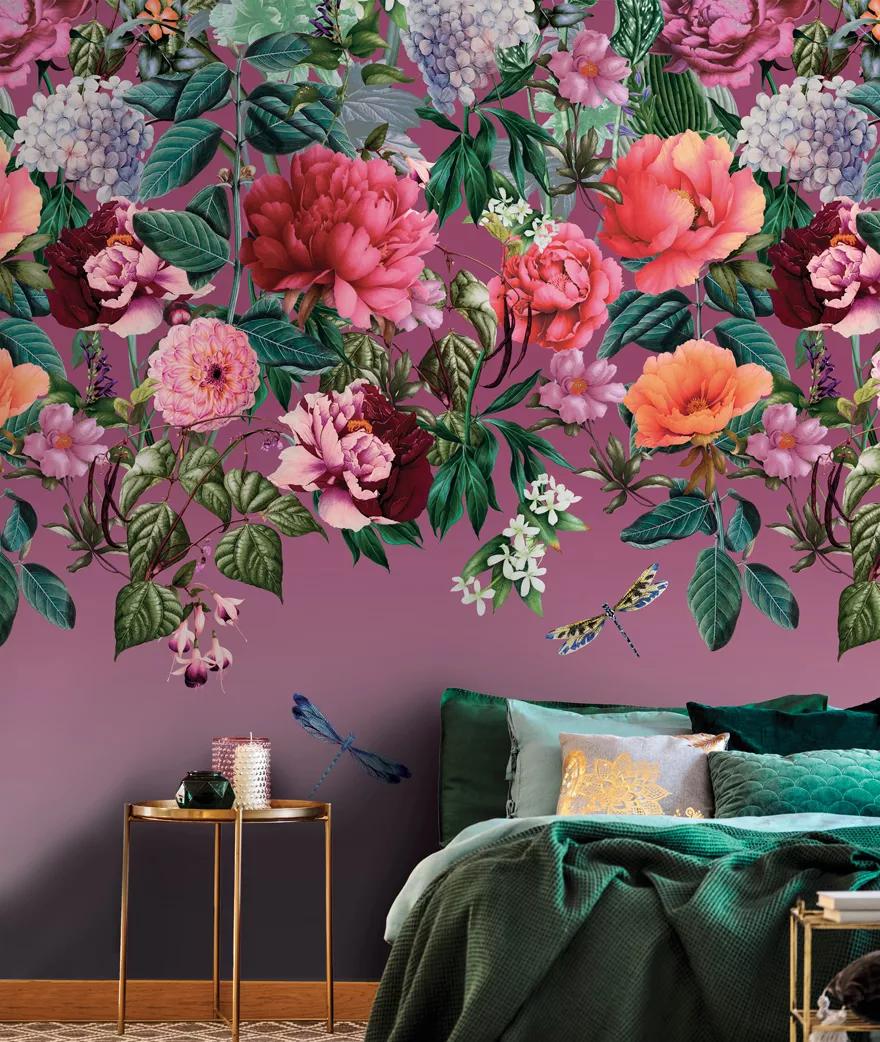 Fali poszter romantikus virág és szitakötő mintával lila rózsaszín színvilágban