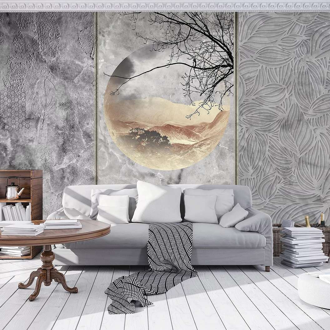 Fali poszter szürke színben absztrakt hold és geometrikus mintával 368x254 vlies