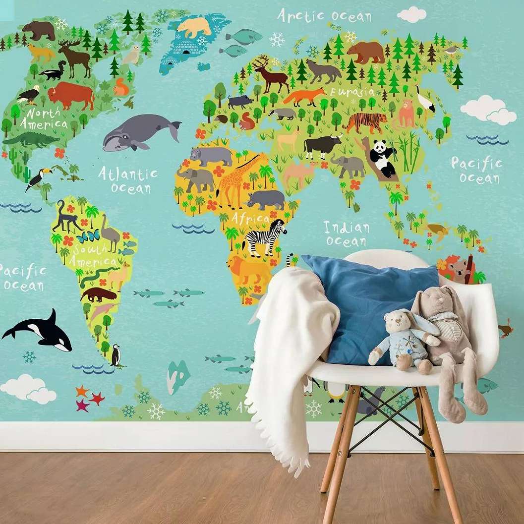 Fali poszter világtérkép és állat mintával 