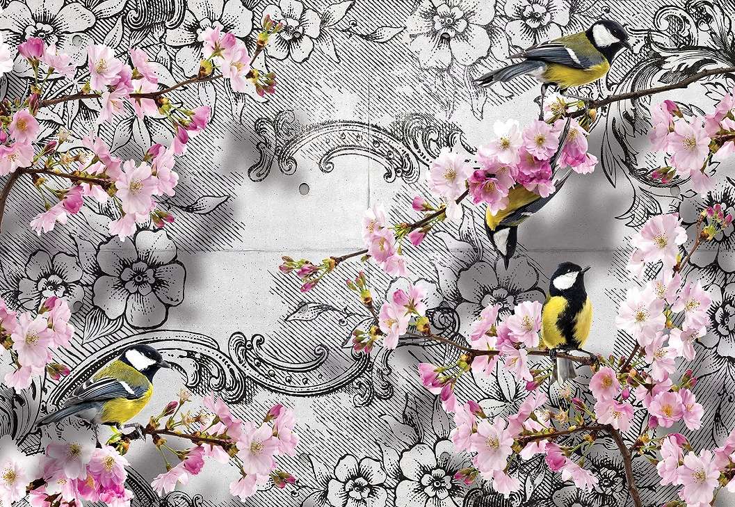 Fali poszter vintage madár, cserrsznyefa virág mintával 368x254 vlies