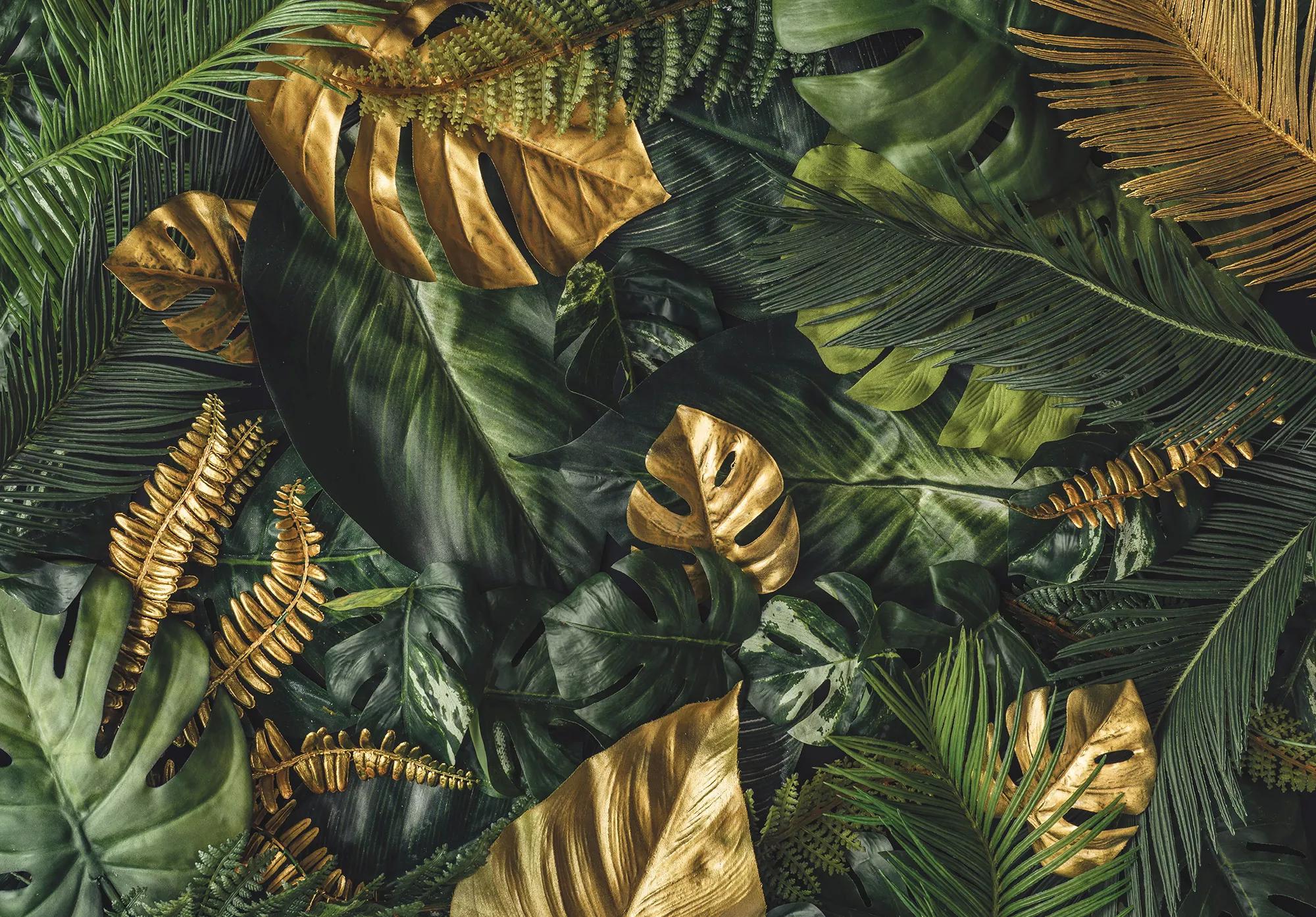 Fali poszter zöld arany modern trópusi levélmintával 368x254 vlies