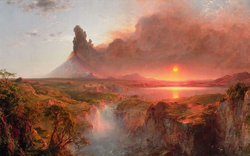 Fantázia tájkép művészi stílusban vulkán kitőrés mintával