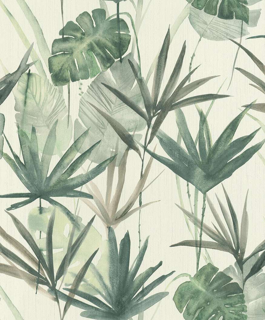 Fehér alapon zöldesszürke trópusi levélmintás modern tapéta