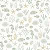 Fehér hátterű zöld és arany színű tapéta tengeri élővilág mintázattal