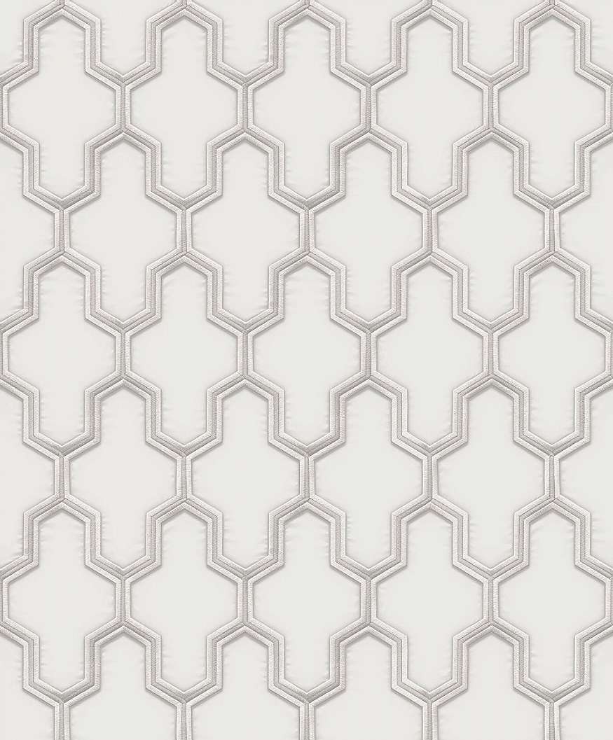 Fehér hímzett hatású dekor tapéta geometrikus mintával