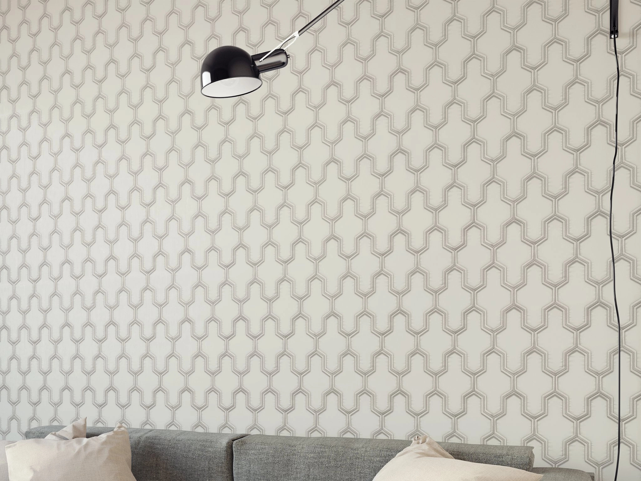 Fehér hímzett hatású dekor tapéta geometrikus mintával