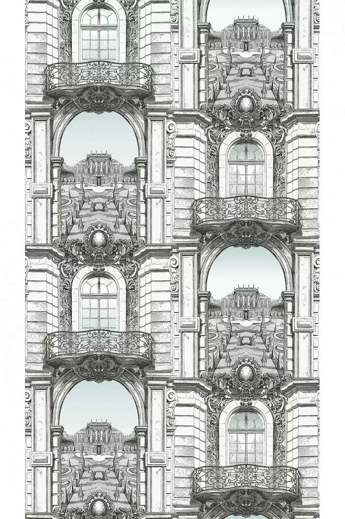 Fehér szürkés színvilágú erkélyes épület mintás design fotótapéta