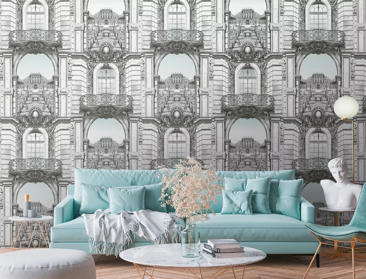 Fehér szürkés színvilágú erkélyes épület mintás design fotótapéta