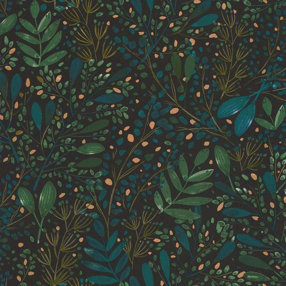 Fekete alapon kék-zöld-arany elegáns levélmintás luxus tapéta
