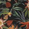 Fekete alapon papagáj és trópusi virágmintás design tapéta