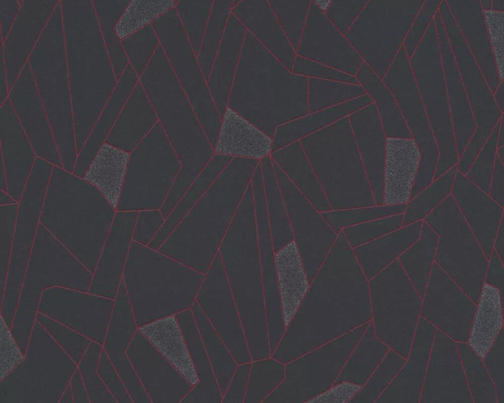 Fekete alapon piros geometrikus mintás modern vlies design tapéta