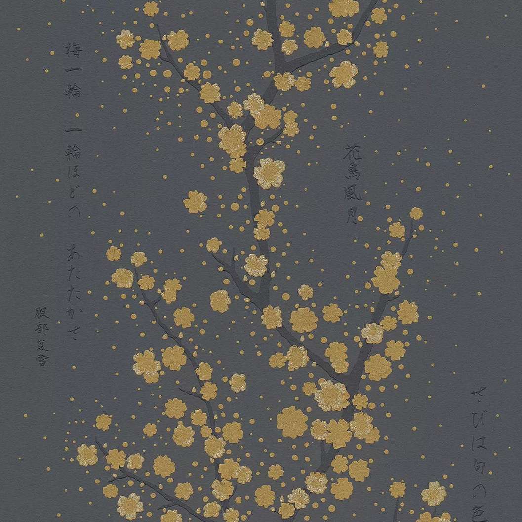 Fekete aranysárga japán stílusú virágmintás modern vlies design tapéta