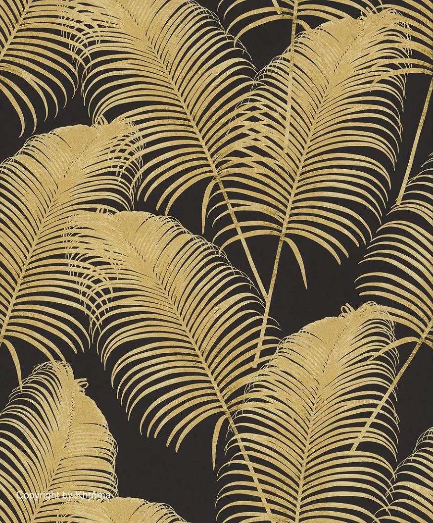 Fekete aranysárga pálmalevél mintás vlies khroma design tapéta