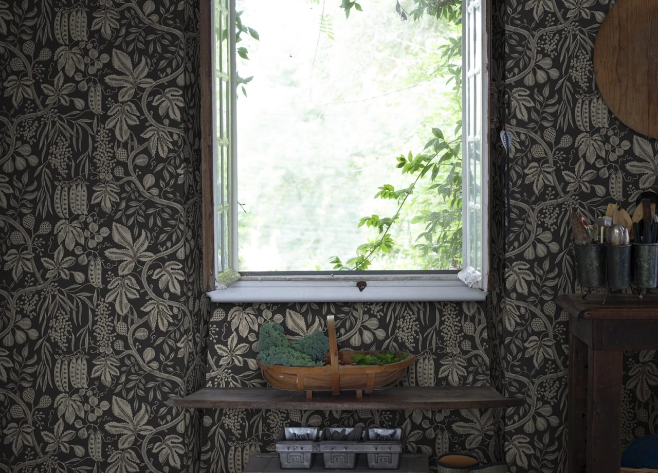 Fekete beige skandi stílusú design tapéta, Fig Garden