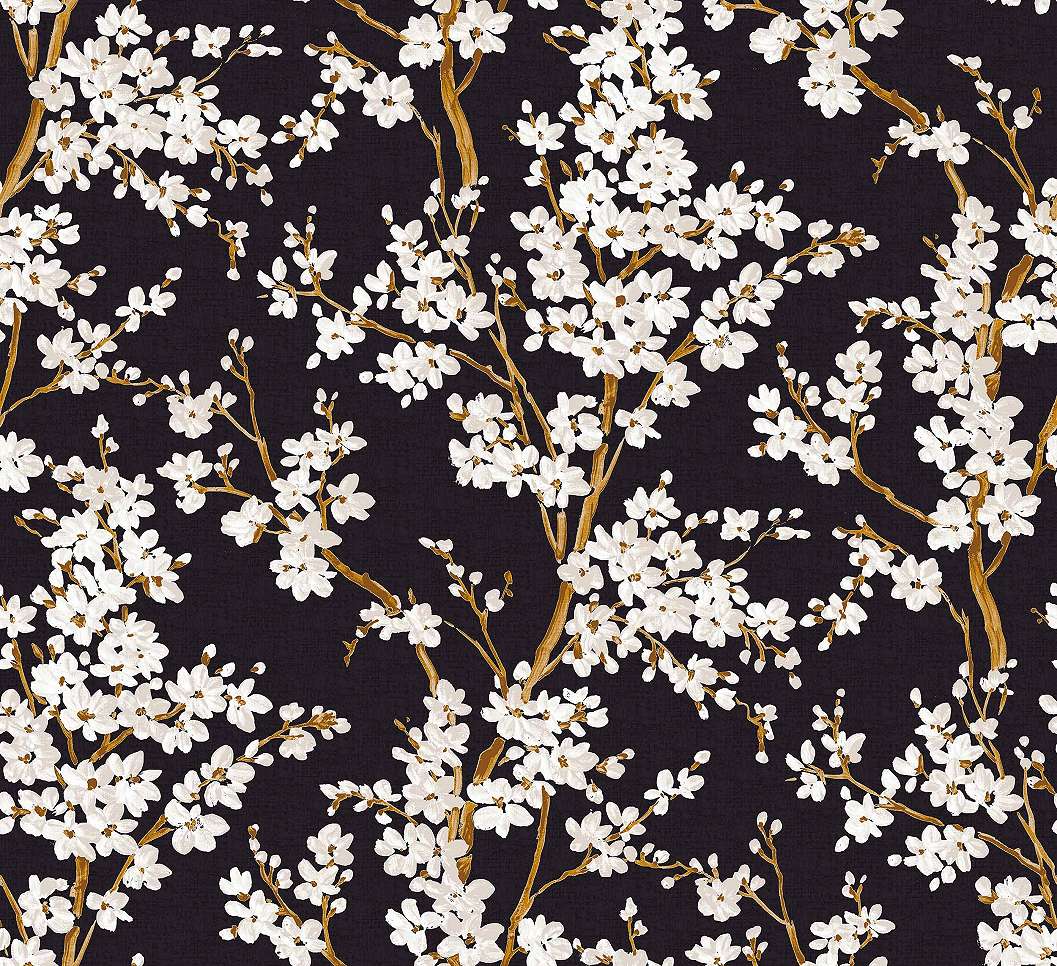 Fekete dekor tapéta cseresznyevirág mintával