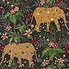 Fekete design tapéta keleties hangulatú elefánt és botanikus mintával