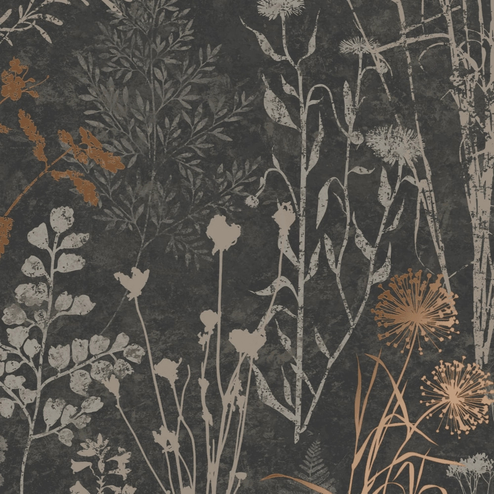 Fekete erdei virágmintás vinyl design tapéta enyhe bronzos színekkel