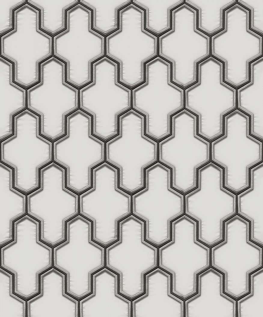 Fekete és fehér hímzett hatású dekor tapéta geometrikus mintával