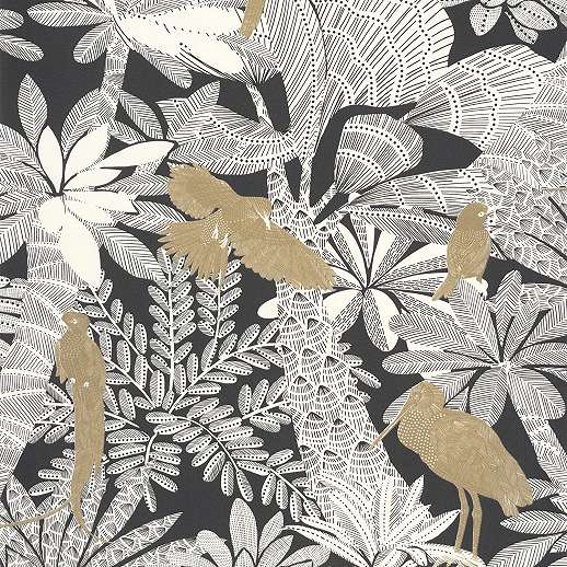 Fekete fehér arany elegáns botanikus design tapéta arany madaras mintával