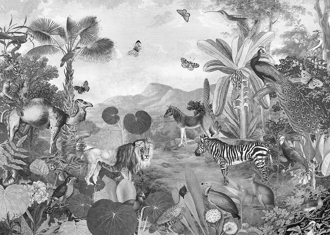Fekete fehér egzotikus állat és dzsungel mintás vlies fali poszter