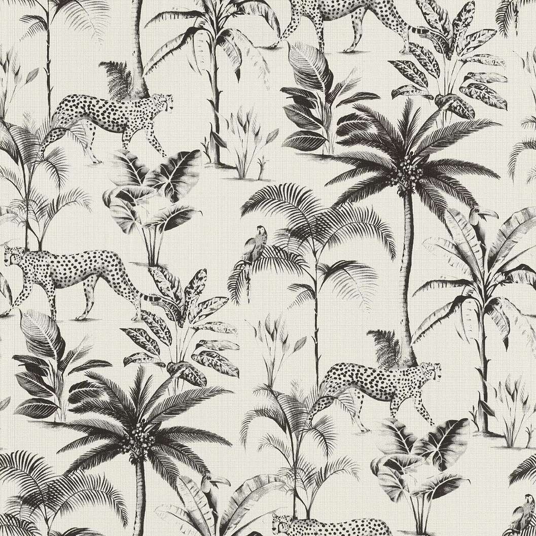 Fekete-fehér modern tapéta leopár, pálma mintával