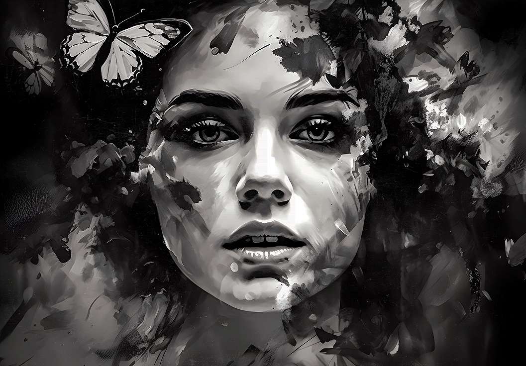 Fekete-fehér női arckép pillangóval mintás design poszter tapéta 368x254 vlies