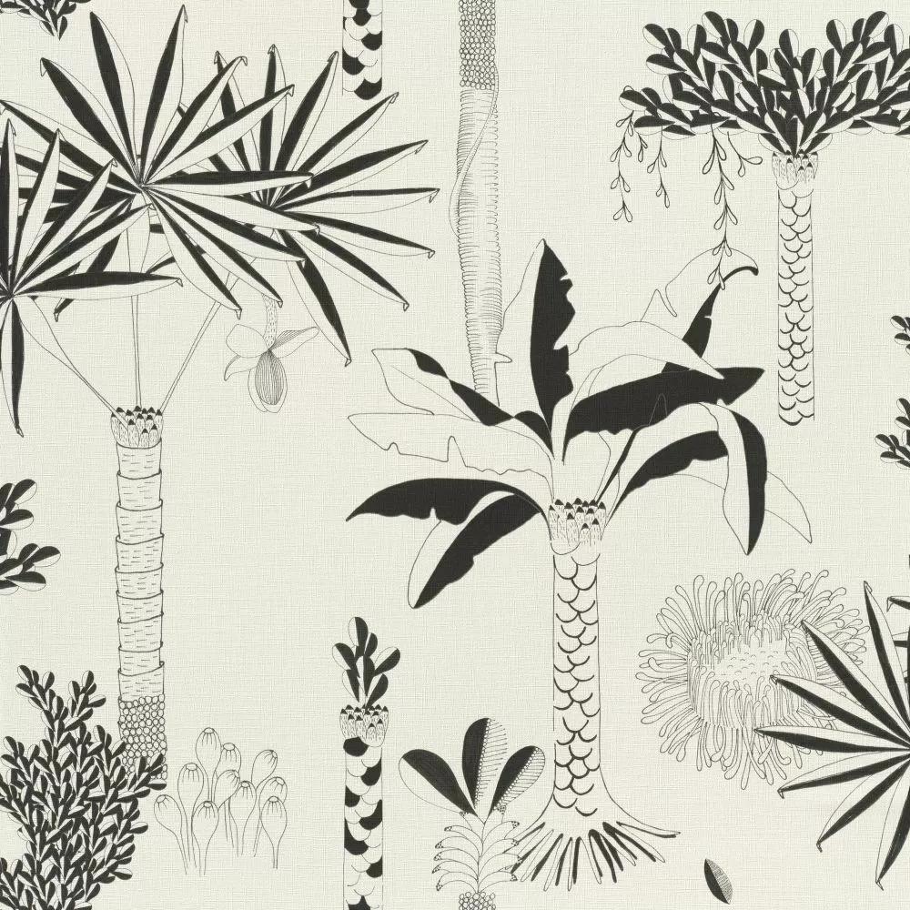 Fekete-fehér pálmafa mintás trópusi hangulatú design tapéta