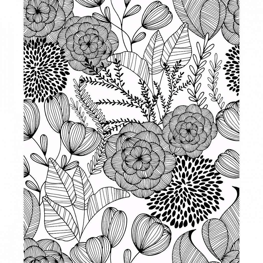 Fekete fehér skandináv stílusú rajzolt virágmintás vlies tapéta