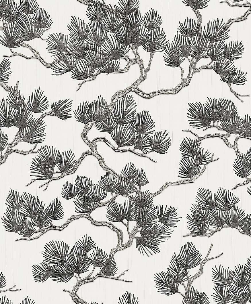 Fekete fehér színű orientális stílusú szőtt hatású fa mintás tapéta