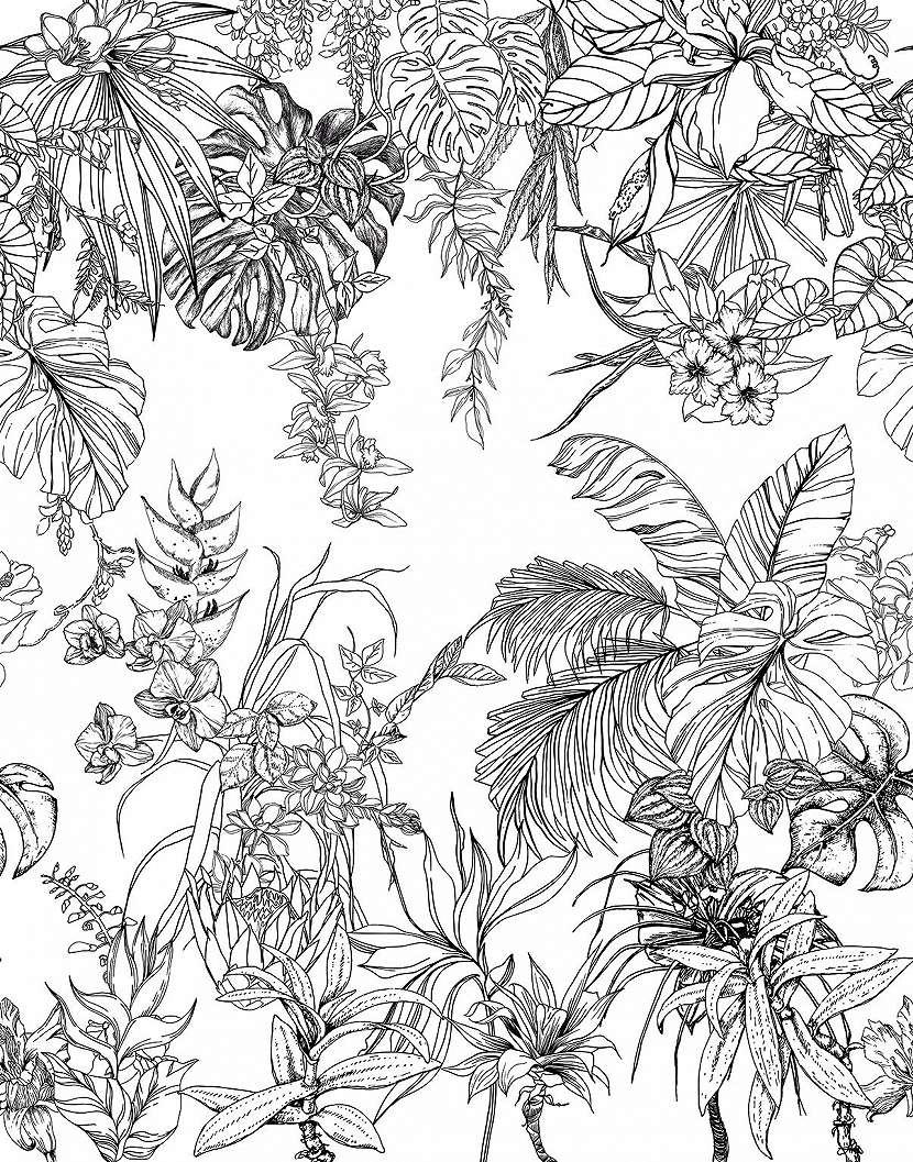 Fekete fehér trópusi dzsungel mintás vinyl poszter tapéta
