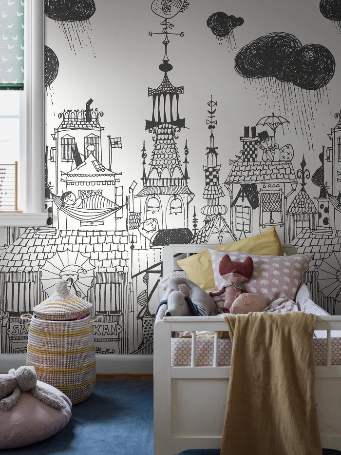 Fekete fehér város mintás gyerek design fotótapéta