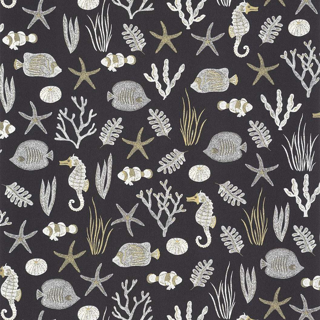 Fekete hátterű fehér és arany színű tapéta tengeri élővilág mintázattal