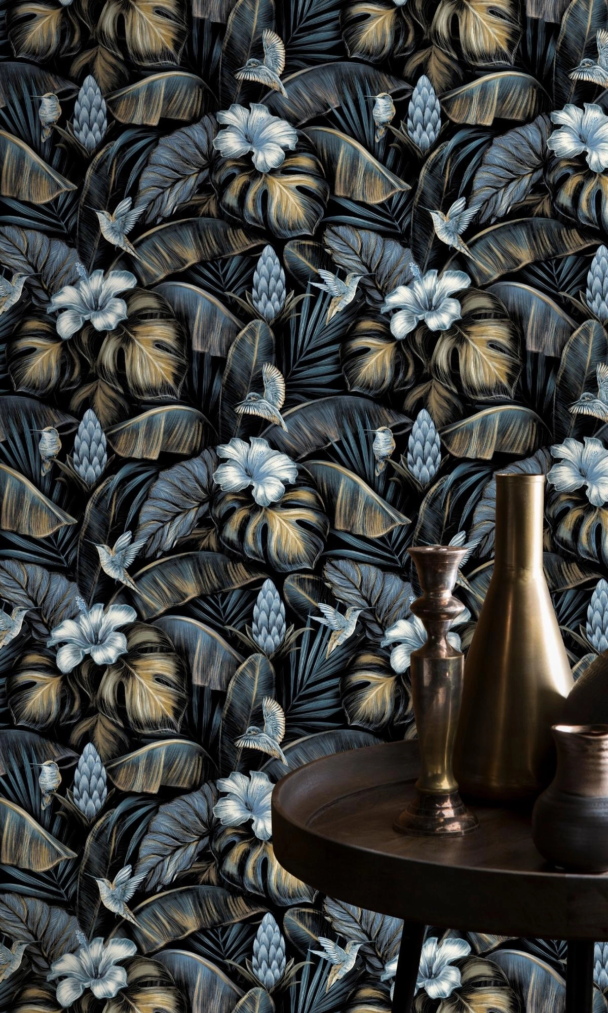Fekete kék design tapéta kolibri és trópusi virágos mintával