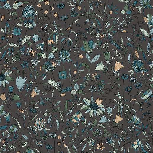 Fekete kék design tapéta mezei virág mintával mosható vinyl
