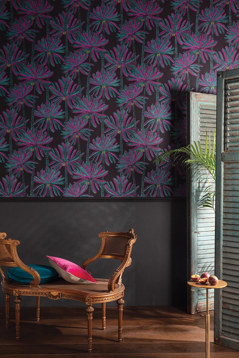 Fekete lila khroma minimál design tapéta pálmafa mintával