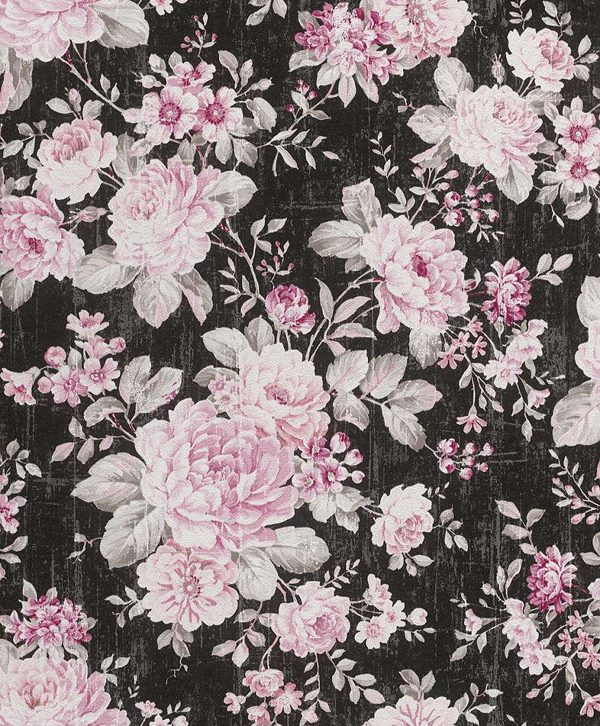 Fekete-rózsaszín virágmintás tapéta.