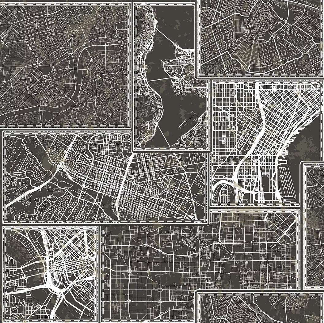Fekete várostérkép mintás tapéta loft, modern enteriőrbe