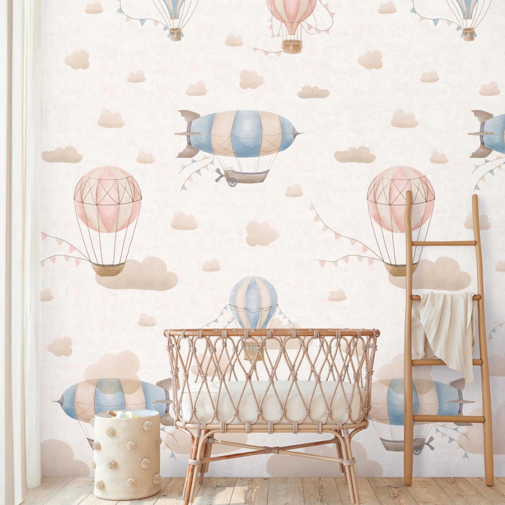 Felhő, léghajó és hőlégballon mintás gyerek fotótapéta