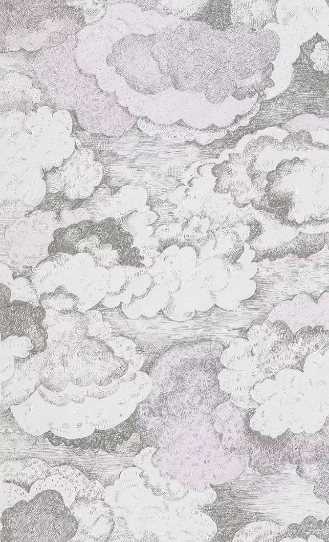 Felhő mintás gyerek tapéta szürke, pasztell rózsaszín színvilágban skandináv rajzolt stílusban