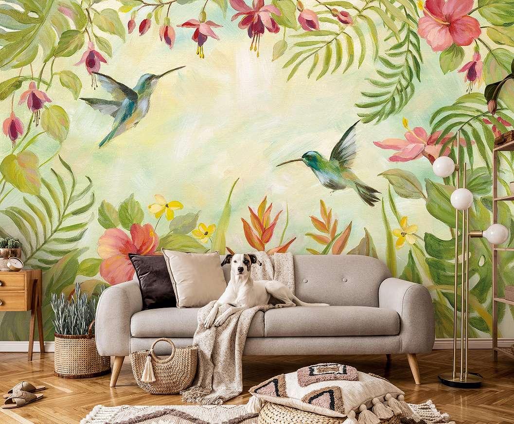 Festett hatású poszter kolibri és trópusi botanikus mintával 368x254 vlies