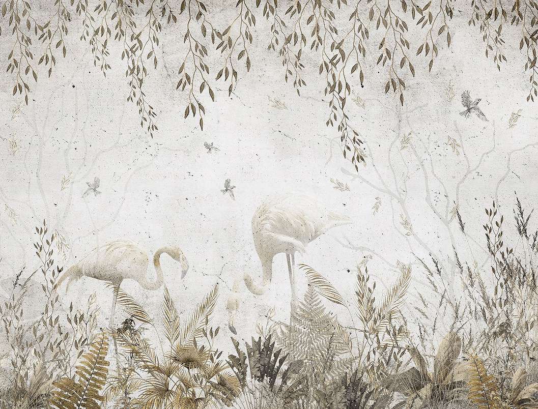 Flamingó madár és levél botanikus mintás vlies posztertapéta 368x254 vlies