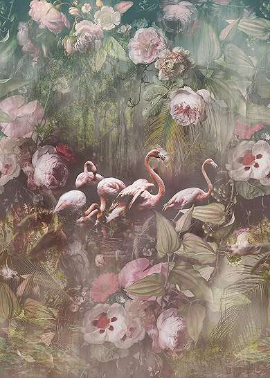 Flamingó mintás fali poszter dzsungel háttérrel