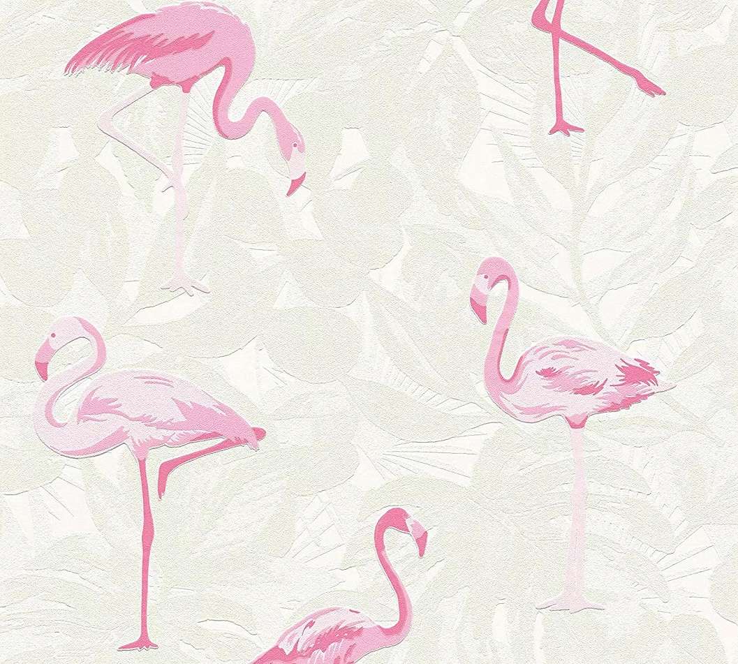 Flamingó mintás vlies tapéta, krémfehér alapon rózsaszín flamingó mintával