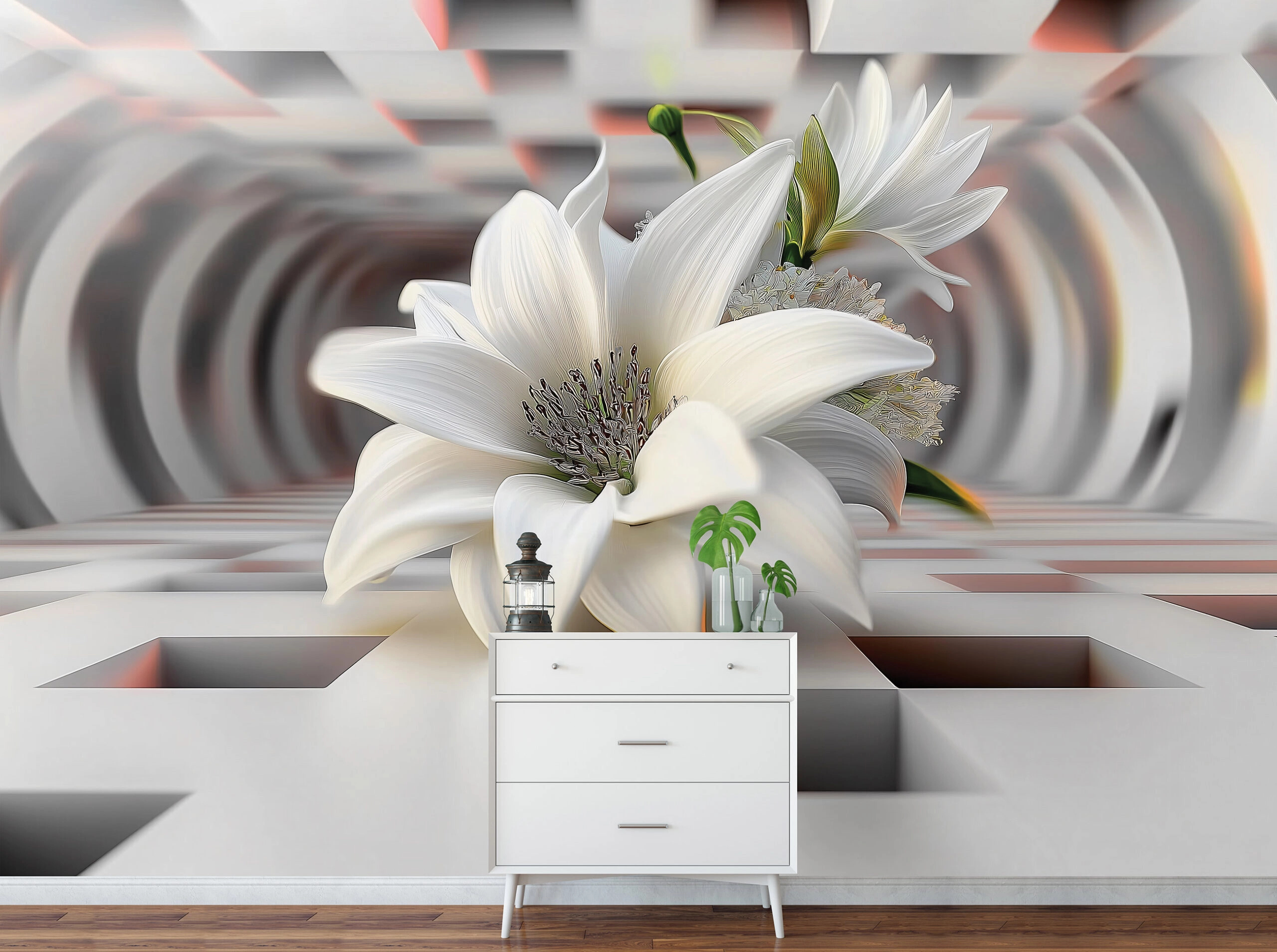Absztrakt geometriai tér közepén egy óriás liliommal fotótapéta 368x254 vlies
