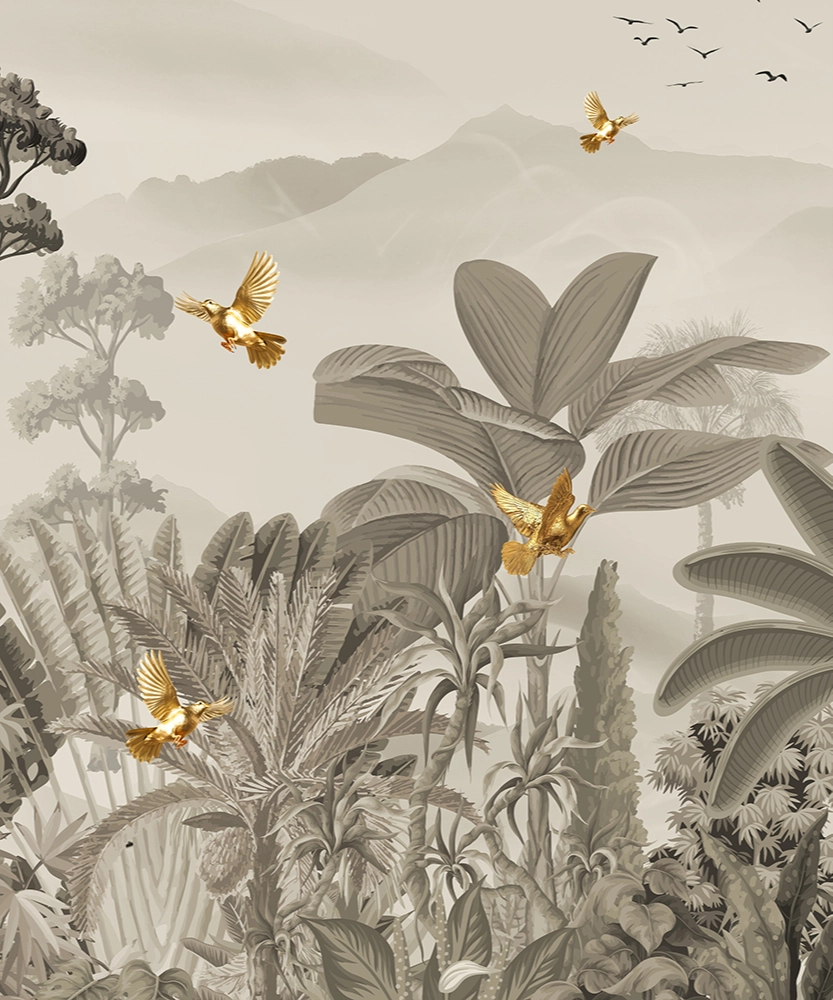 Fotótapéta barna színes trópusi esőerdő tájkép arany színű madarakkal egyedi 200x240cm méretben