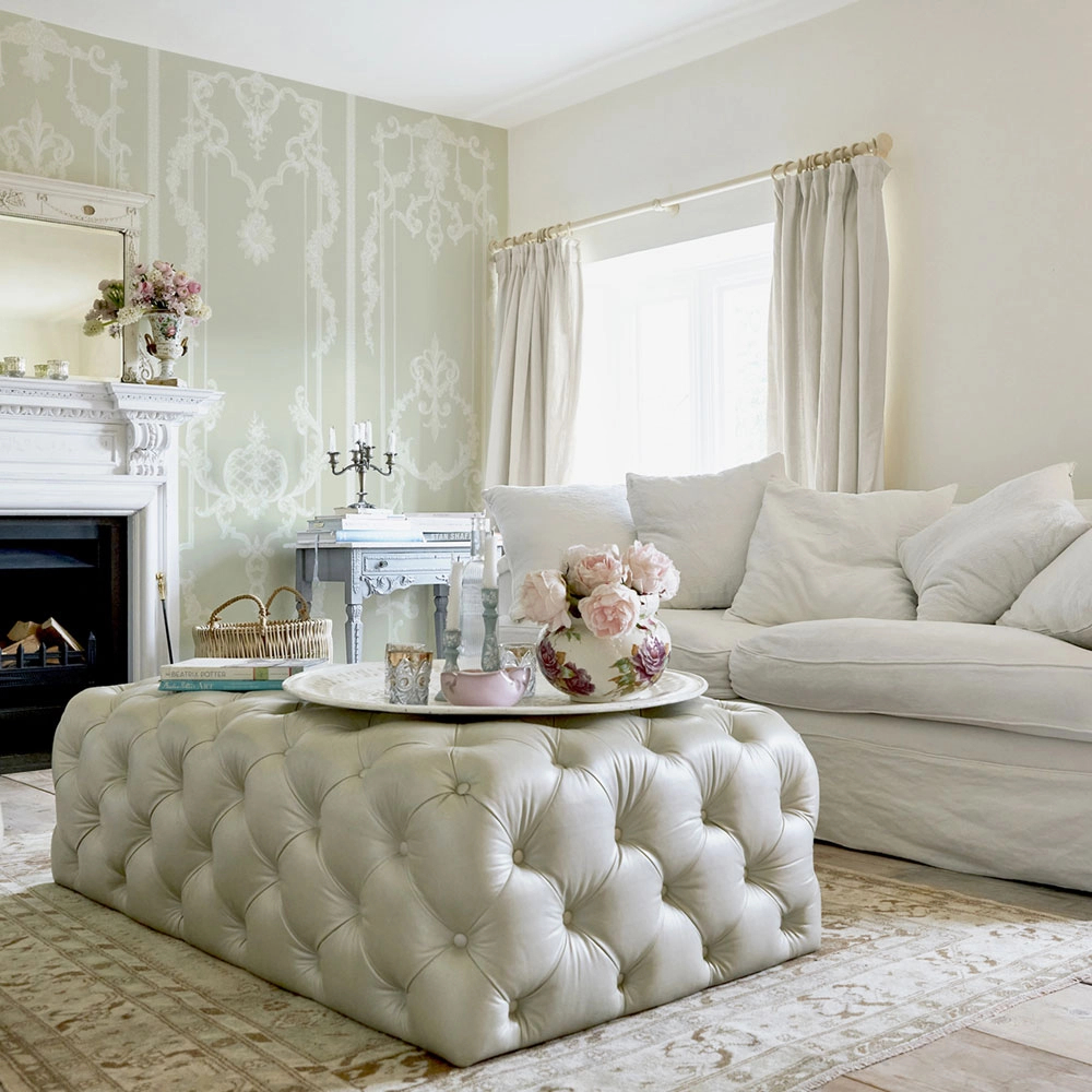 Fotótapéta barokkos falistukkó mintával zsályazöld színben